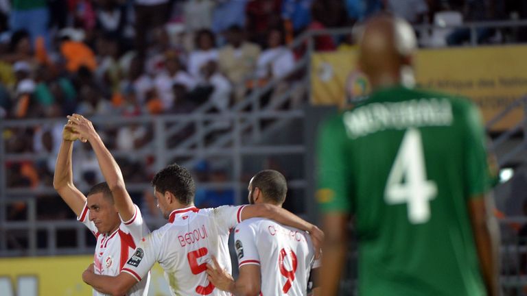 Tunisia's midfielder Yassine Chikhaoui celebrates after scoring a goal during the African Cup of Nations group B football match between Zambia and Tunisia