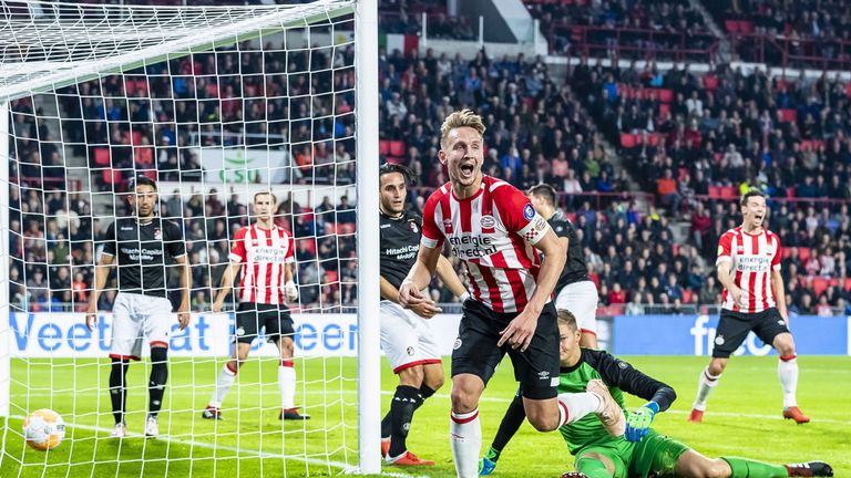 PSV striker Luuk de Jong celebrates his goal during the Dutch Eredivisie soccer match between PSV Eindhoven and FC Emmen in Eindhoven