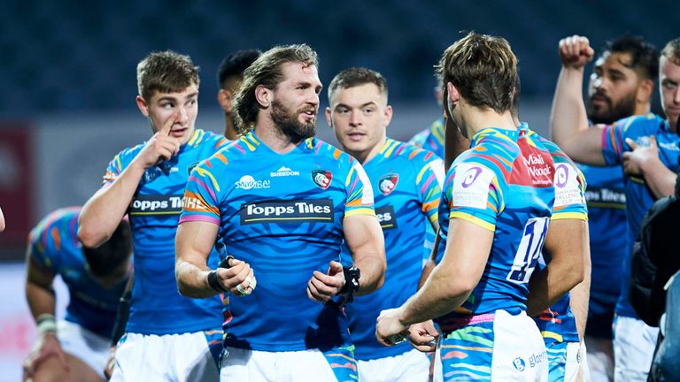 Leicester players celebrate their win