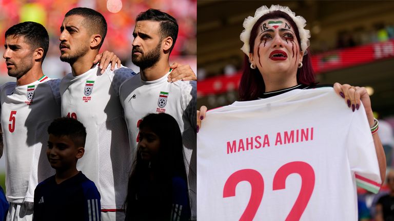 Iran players line up for their national anthem/Iran supporter holding Mahsa Amini Iran shirt