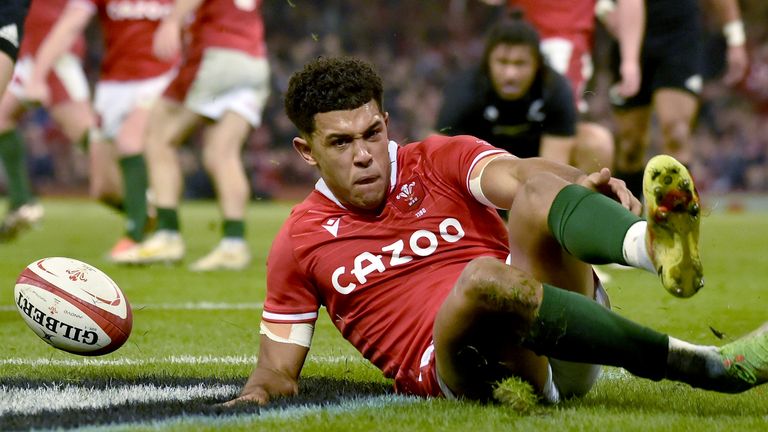 Wales Rio Dyer scores a try during the rugby union international match between Wales and New Zealand at the Principality Stadium in Cardiff Wales, Saturday, Nov. 5, 2022. (AP Photo/Rui Vieira)