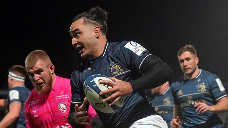 Leinster's James Lowe goes over to score his side's sixth try against Gloucester