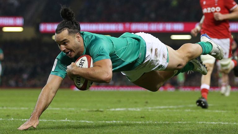 James Lowe scores Ireland's third try against Wales in their Six Nations opener