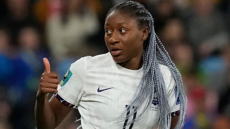 France's Kadidiatou Diani celebrates after scoring her side's second goal during the Women's World Cup Group F soccer match between France and Panama at the Sydney Football Stadium in Sydney, Australia, Wednesday, Aug. 2, 2023. (AP Photo/Mark Baker)