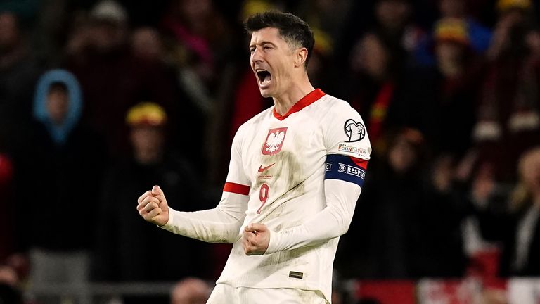 Robert Lewandowski celebrates Poland's qualification