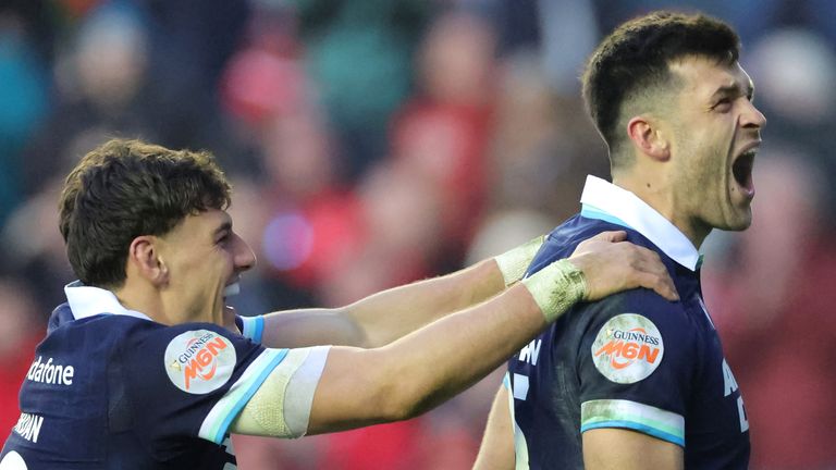 Blair Kinghorn (right) and Tom Jordan (left) scored two tries each as Scotland beat Wales on Saturday