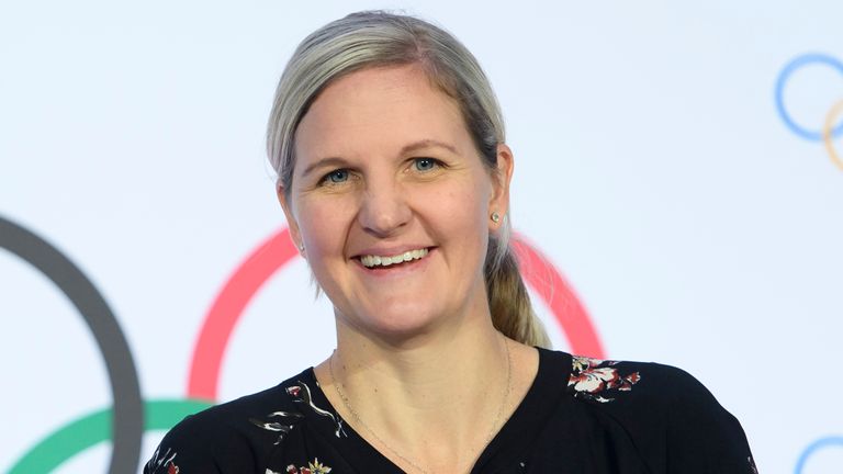 IOC member and former swimmer Kirsty Coventry smiles on arrival for a press conference after the executive board meeting of the IOC, at the Olympic House in Lausanne, Switzerland in 2020. (Laurent Gillieron/Keystone via AP, File)