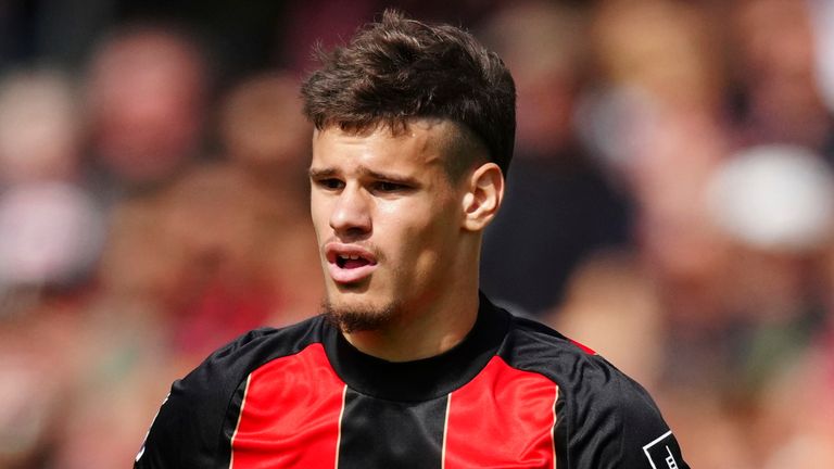Bournemouth's Milos Kerkez runs into position during the English Premier League soccer match between AFC Bournemouth and Newcastle United, at the Vitality Stadium in Bournemouth, England, Sunday, Aug. 25, 2024. (AP Photo/Dave Shopland)