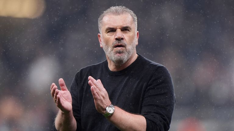 Tottenham boss Ange Postecoglou reacts after his side progressed into the Europa League semi-finals