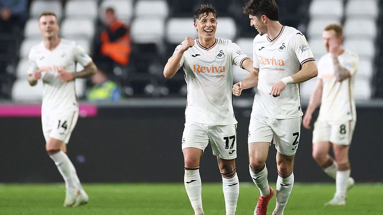 oshua Key of Swansea celebrates with team-mate Goncalo Franco after scoring his team's third goal during the Sky Bet Championship match between Swansea City AFC and Plymouth Argyle FC