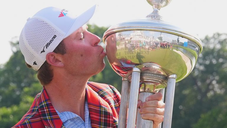 Ben Griffin celebrates after winning the Charles Schwab Challenge in 2025 (Associated Press)