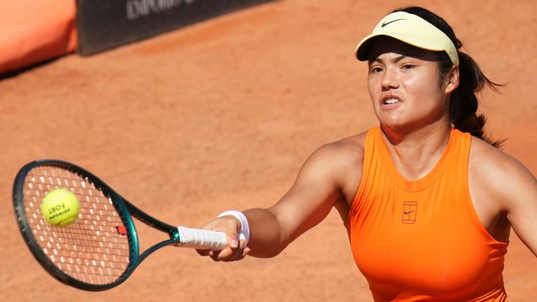 Britain's Emma Raducanu returns the ball to United States' Coco Gauff during their tennis match at the Italian Open at the Foro Italico, in Rome, Monday, May 12, 2025 (AP Photo/Alessandra Tarantino)