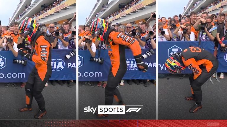 Oscar Piastri pulls out the &#39;Griddy&#39; dance for his post-race celebrations and then instantly regrets it!