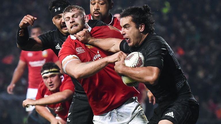 Rotorua , New Zealand - 17 June 2017; James Lowe of the Maori All Blacks is tackled by George Kruis of the British & Irish Lions during the match between the Maori All Blacks and the British & Irish Lions at Rotorua International Stadium in Rotorua, New Zealand. (Photo By Stephen McCarthy/Sportsfile via Getty Images)