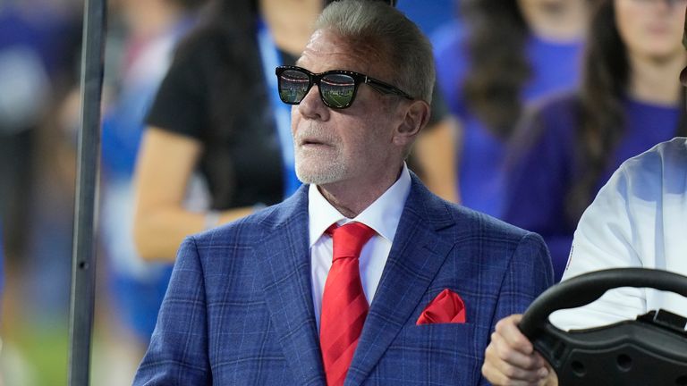 Jim Irsay, principal owner, chairman, and CEO of the Indianapolis Colts arrives on the field at half time of an NFL football game against the Miami Dolphins, Sunday, Oct. 20, 2024 in Indianapolis. (AP Photo/AJ Mast)