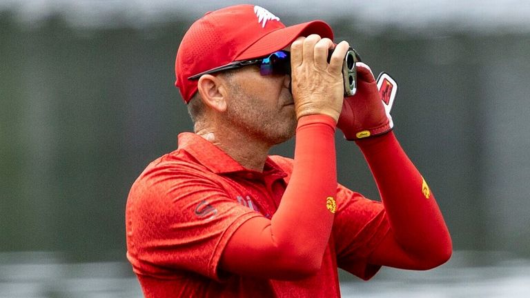 Captain Sergio Garcia of Fireballs GC checks his yardage from the 15th fairway during the final round of the 2025 PGA Championship at Quail Hollow Club on Sunday, May 18, 2025 in Charlotte, North Carolina. (Photo by Jon Ferrey/LIV Golf via AP)