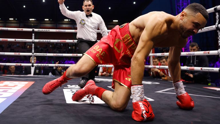 Callum Simpson is knocked down by Ivan Zucco in the opening round