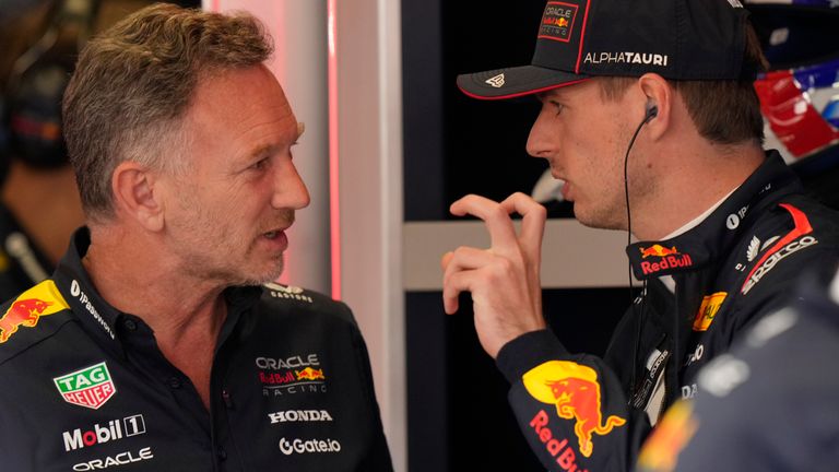 Red Bull team principal Christian Horner in conversation with Max Verstappen