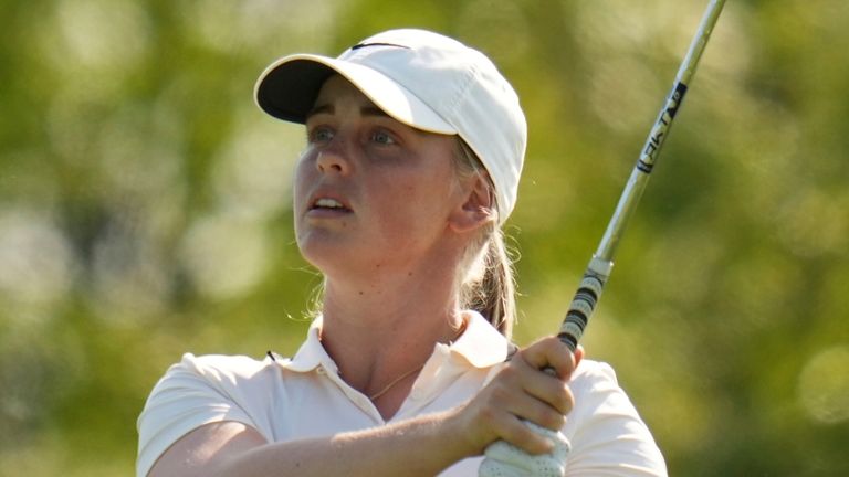 Maja Stark, of Sweden, hits from the 15th tee during the fourth round of the U.S. Women's Open golf tournament at Erin Hills Sunday, June 1, 2025, in Erin, Wis. (AP Photo/Jeff Roberson)