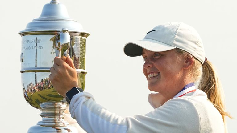 Maja Stark, of Sweden, holds her winning trophy after winning the U.S. Women's Open golf tournament at Erin Hills Sunday, June 1, 2025, in Erin, Wis. (AP Photo/Matt York)