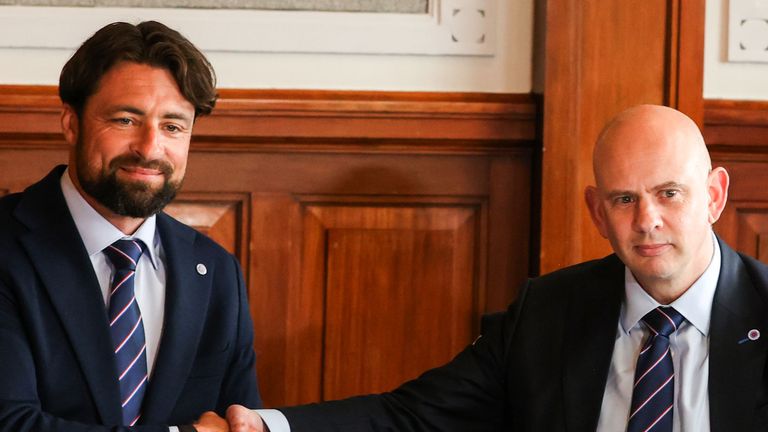 GLASGOW, SCOTLAND - JUNE 05:  Russell Martin is unveiled as the new Head Coach of Rangers Football Club alongside Rangers Chief Executive Officer Patrick Stewart at Ibrox Stadium, on June 05, 2025, in Glasgow, Scotland. (Photo by Craig Williamson / SNS Group)