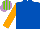 Silk - Royal blue, orange sleeves, mauve & light green striped cap Silk - Royal blue, orange sleeves, mauve & light green striped cap